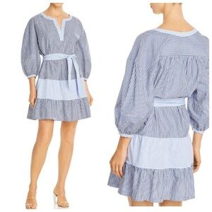 Parker Jenna Blue White Striped Dress Tie Belt Sz S